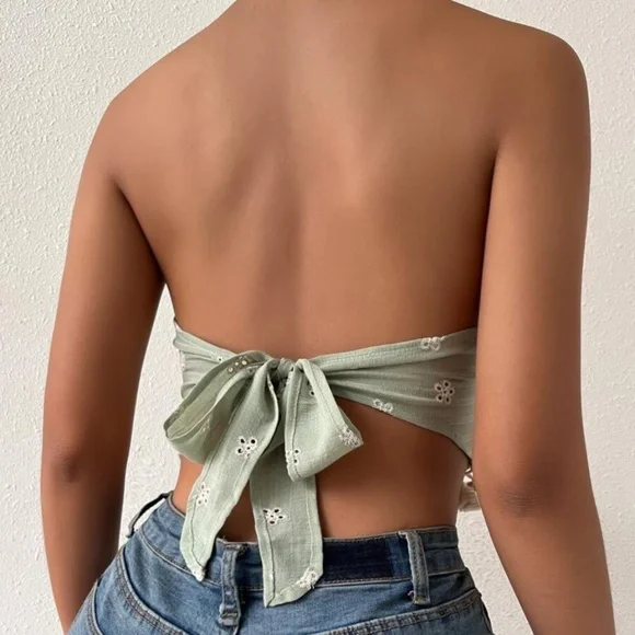 Boho Pastel Green Floral tassel Hem Crop Top - Picture 2 of 4